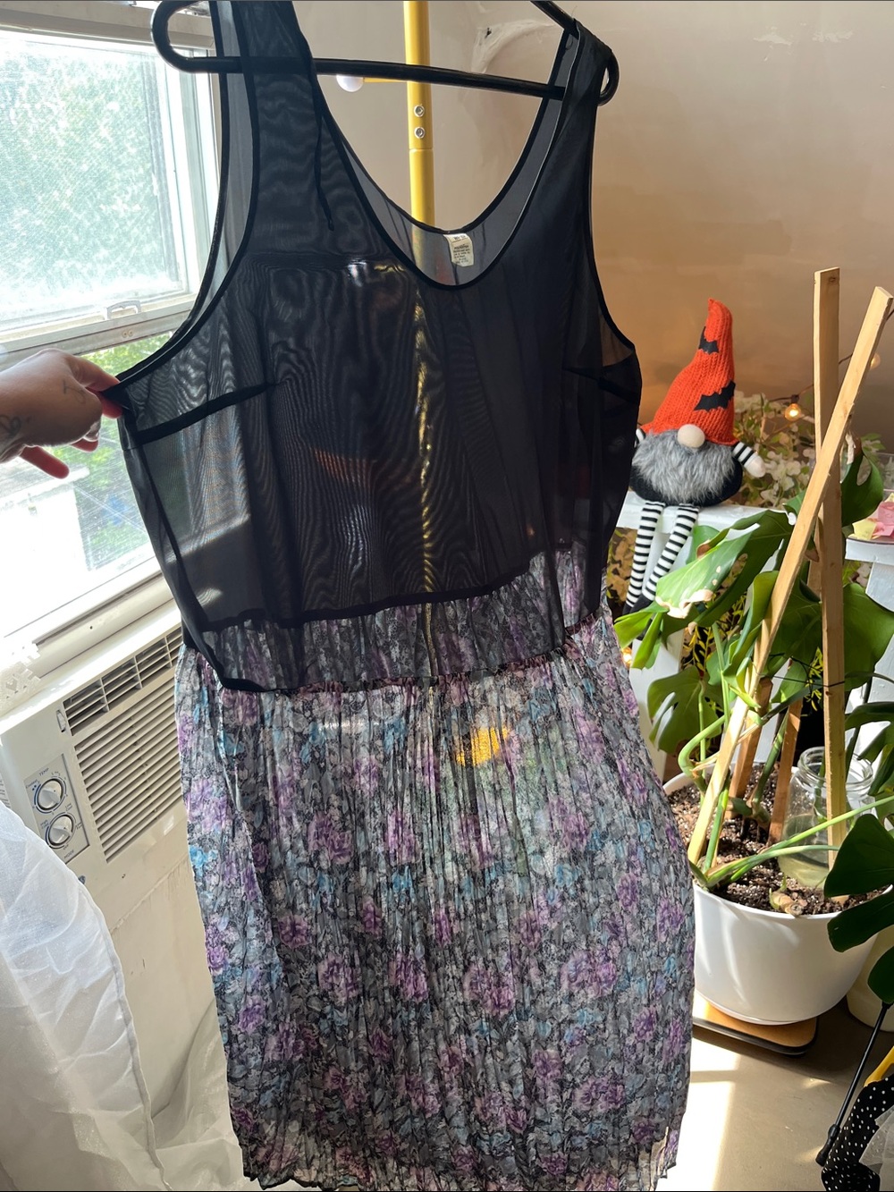 Sheer Black Tank Top with Purple Floral Pleated Skirt